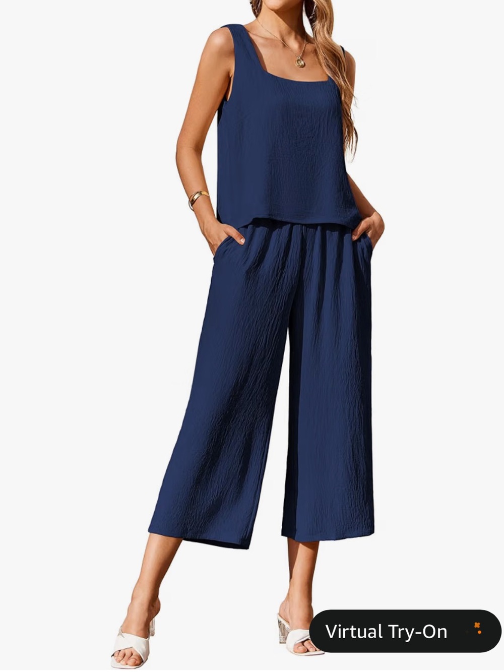 Navy Sleeveless Cropped Wide-Leg Set